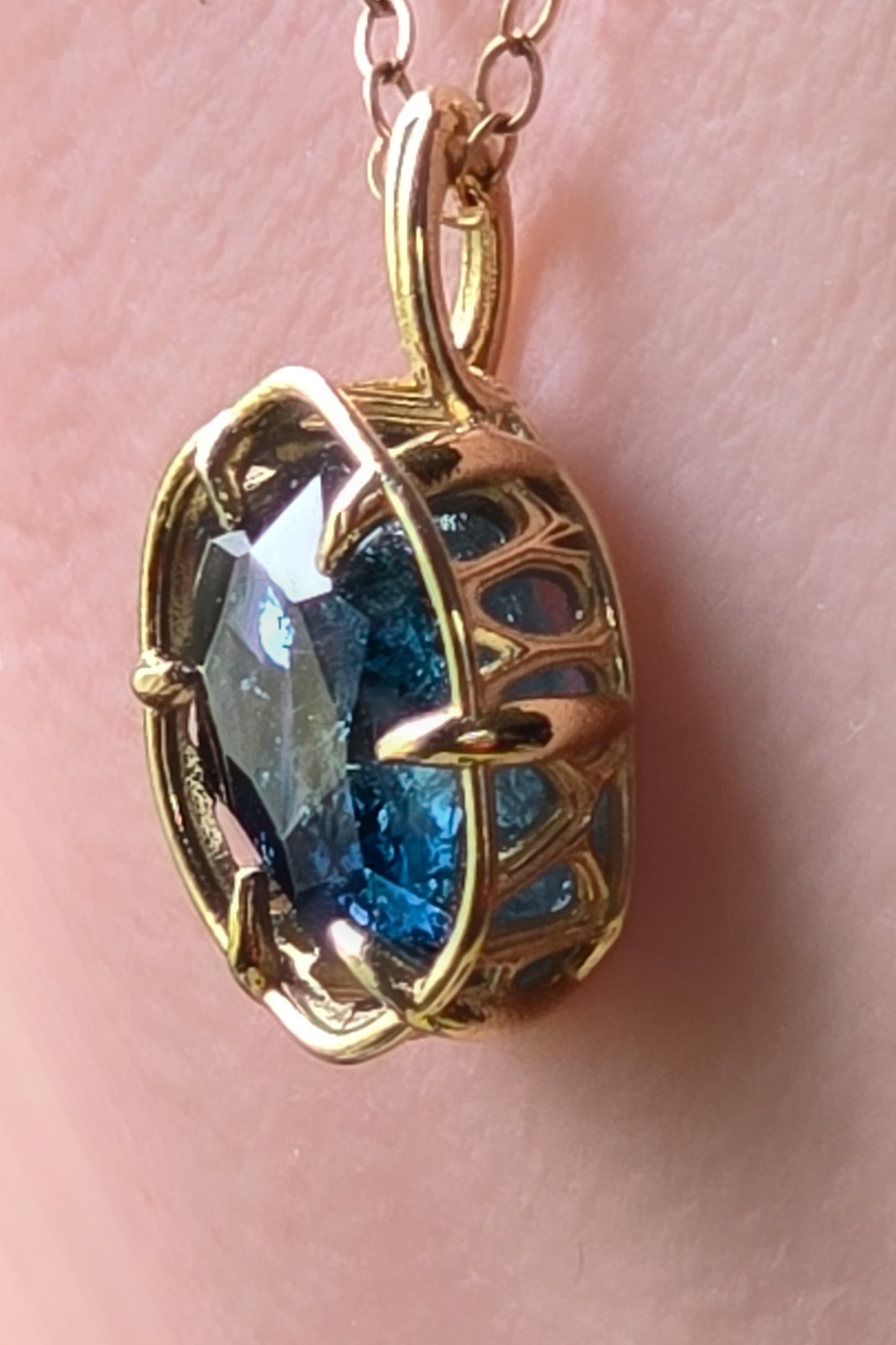 large 5 carat Hand Cut Montana Sapphire Pendant in 14k Yellow Gold