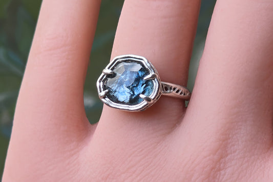 Hand Cut Montana Sapphire Ring – Blue Teal Sapphire – Sterling Silver – One of a Kind – Size 5.75
