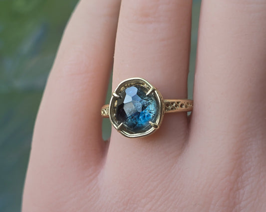 Hand Cut Blue Green Montana Sapphire Ring in 14k Yellow Gold, One of a Kind, Lattice Setting