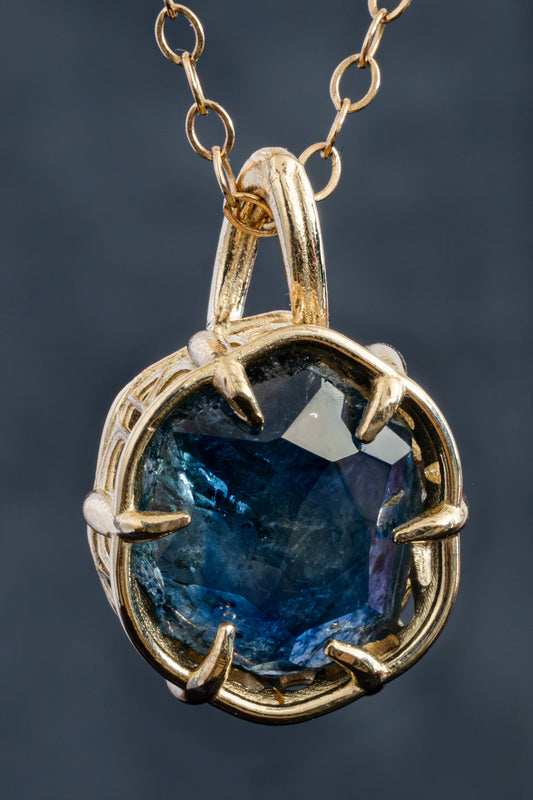 large 5 carat Hand Cut Montana Sapphire Pendant in 14k Yellow Gold