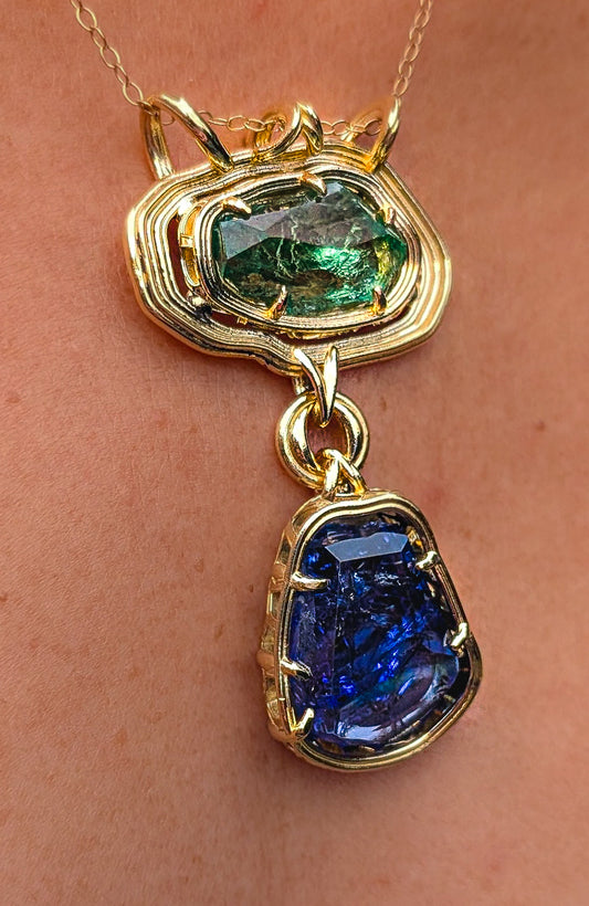 The Verdant Relic | Hiddenite & Tanzanite Pendant in Solid 18k Gold | One of a Kind
