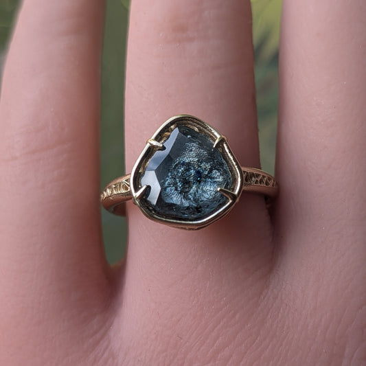 Hand Cut Montana Sapphire Ring in 14k Gold | Sapphire Engagement Ring | One of a Kind Artisan Ring | Size 8.25
