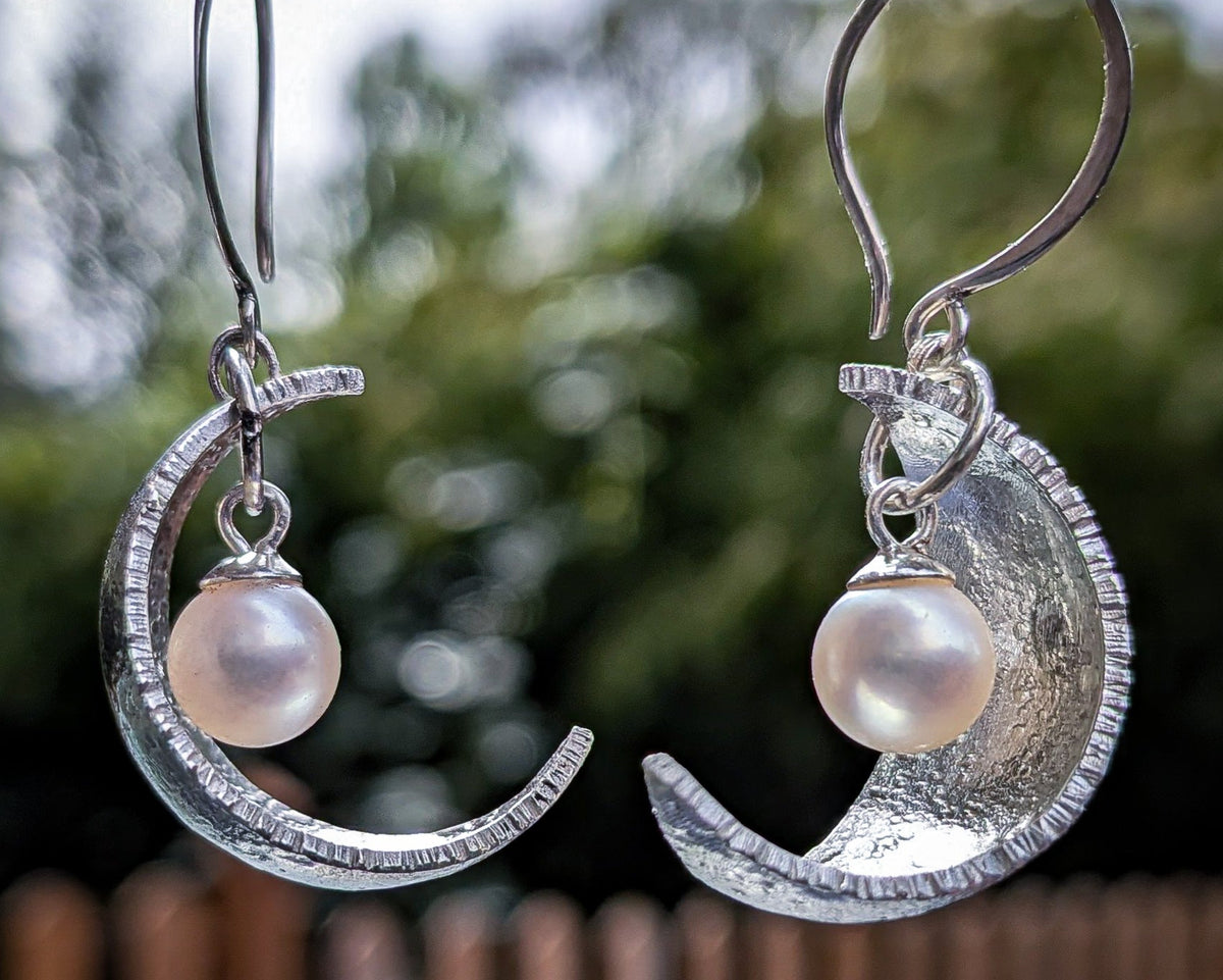 Akoya Pearl Crescent Moon Earrings, Sterling Silver Celestial Earrings