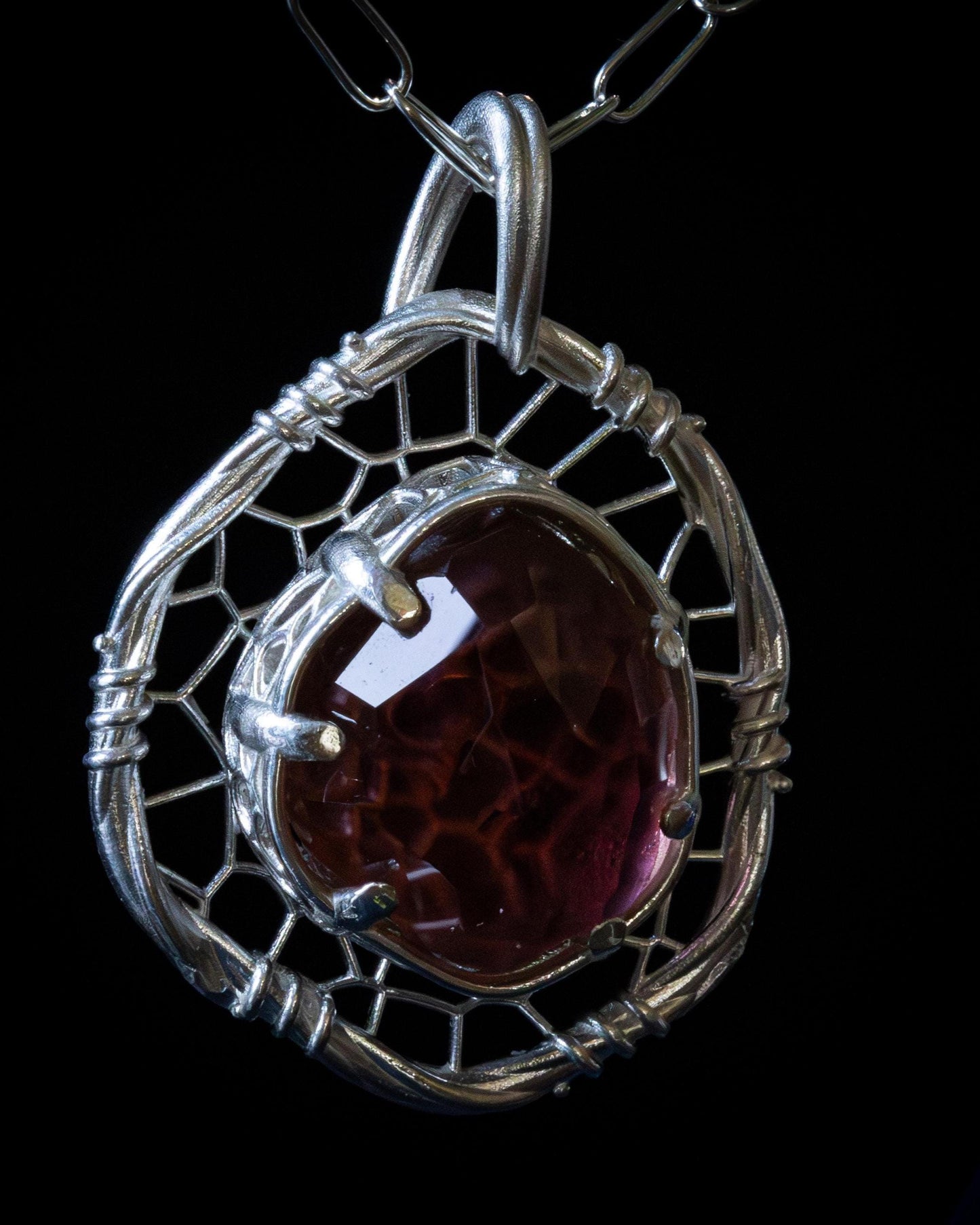 Hand Cut Tourmaline Pendant Necklace in Sterling Silver – Dreamcatcher Reimagined, item 1011 Sterling silver, Red Tourmaline
