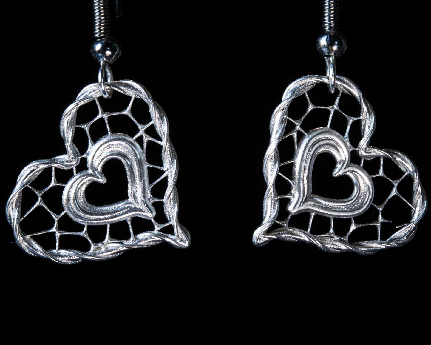 Handcrafted Sterling Silver Heart Lattice Earrings Unique Jewelry item 1048 silver