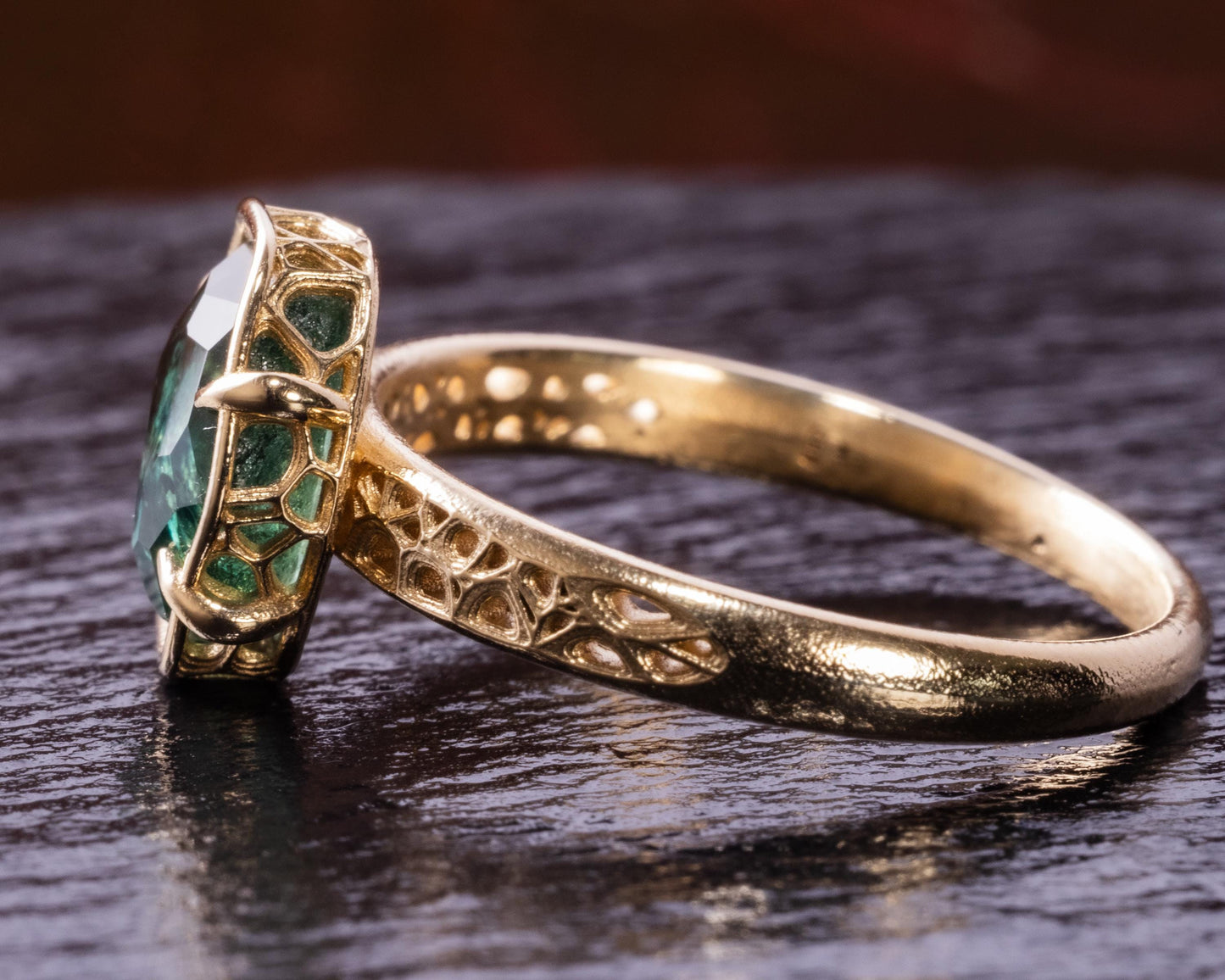 Deep Green Montana Sapphire Ring in 14k Yellow Gold, Hand-Finished Lattice, One of a Kind 14k gold, yellow gold, Montana Sapphire, Green Sapphire