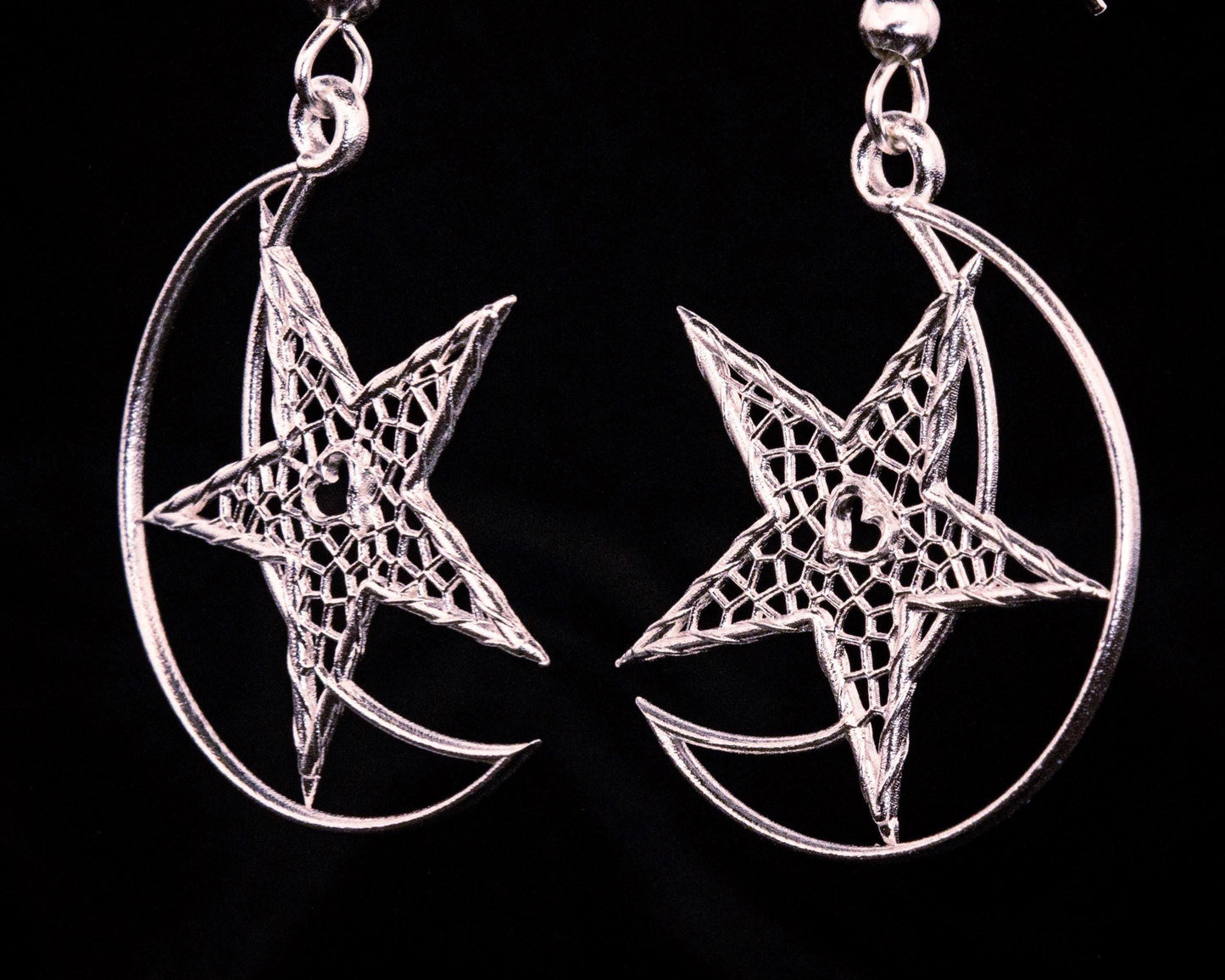 Handcrafted Sterling Silver Heart Moon Star Lattice Earrings Unique Jewelry, item 1039 silver