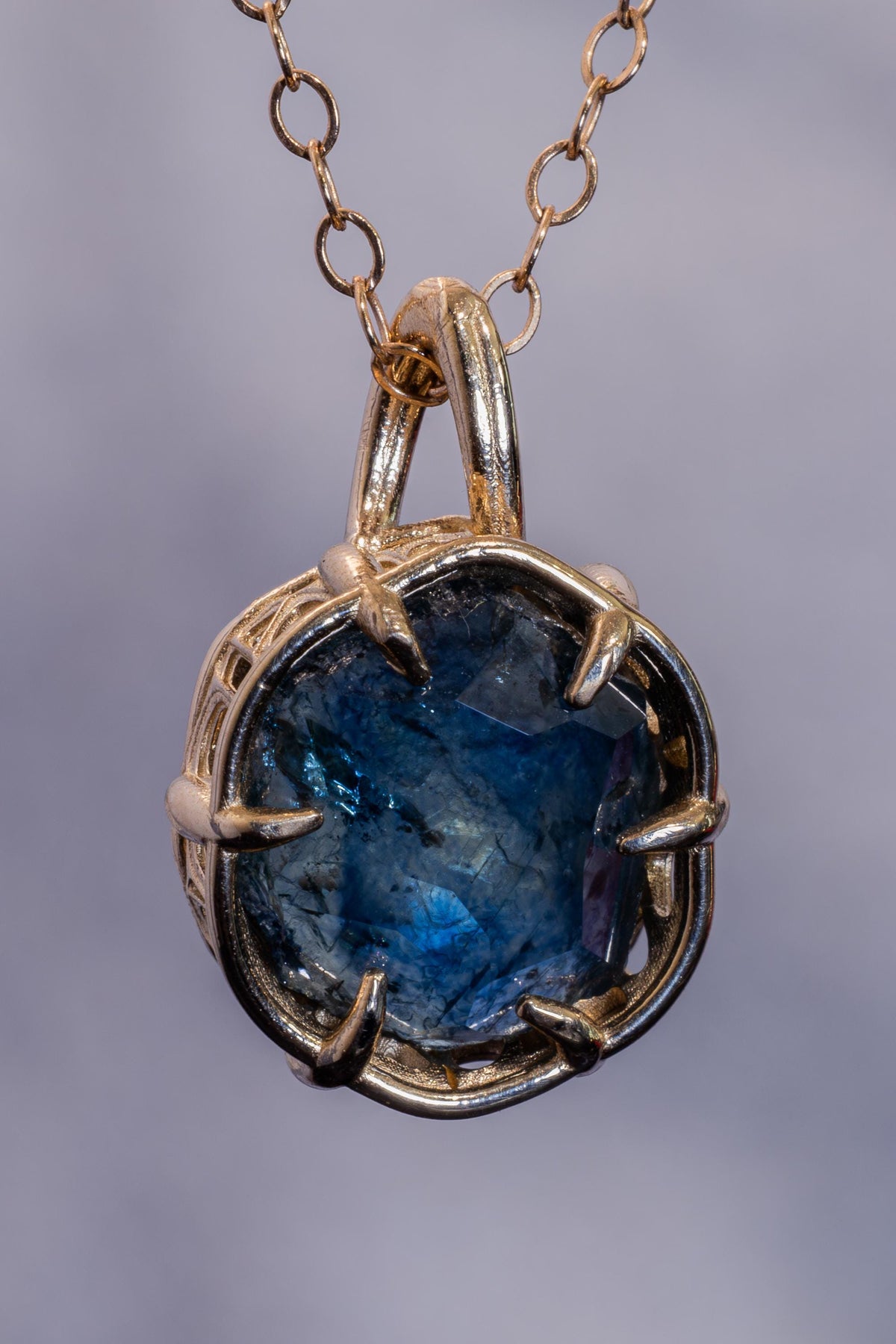large 5 carat Hand Cut Montana Sapphire Pendant in 14k Yellow Gold