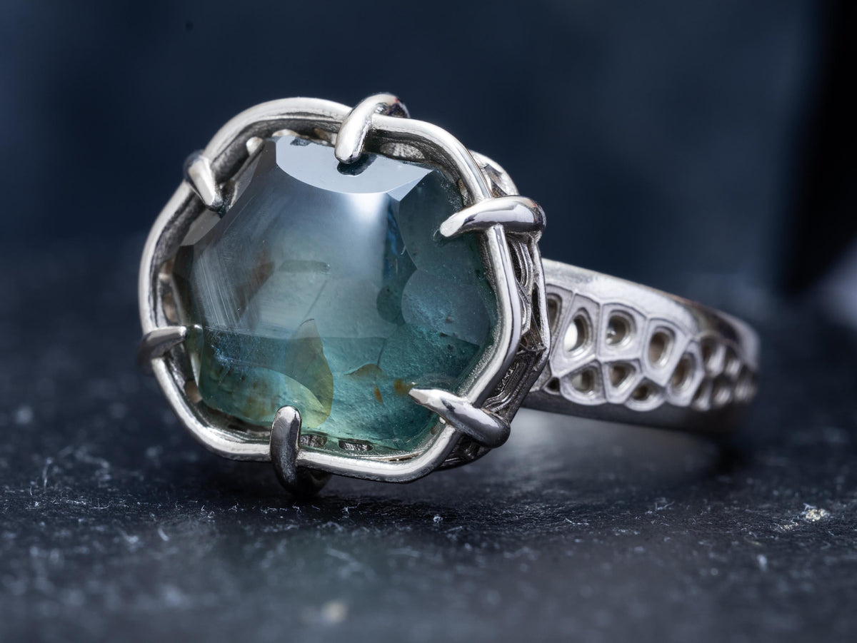 Montana Sapphire Ring 10.77ct Unheated Teal Blue 14k White Gold Hand Cut Statement Piece