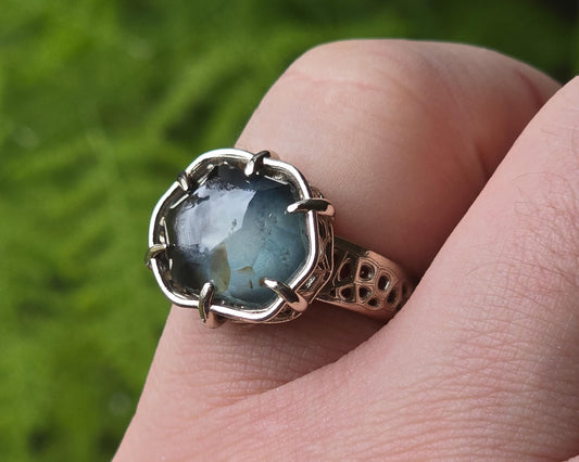 Montana Sapphire Ring 10.77ct Unheated | Hand Cut Gemstone | 14k White Gold | Teal Blue | Artisan Statement