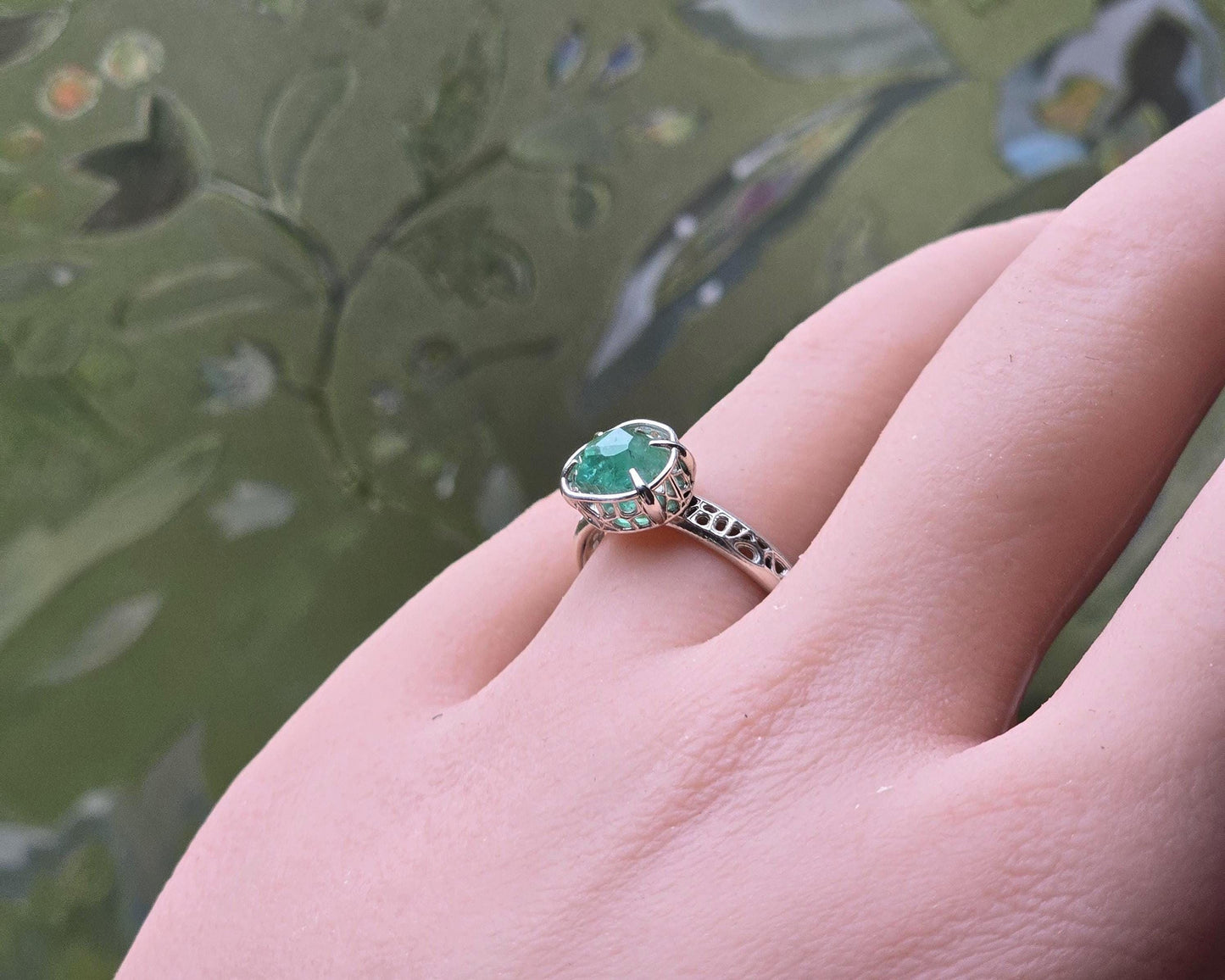 Natural Emerald Ring in Sterling Silver, Hand Cut Gemstone Ring, One of a Kind, Lattice Band, Size 7.5