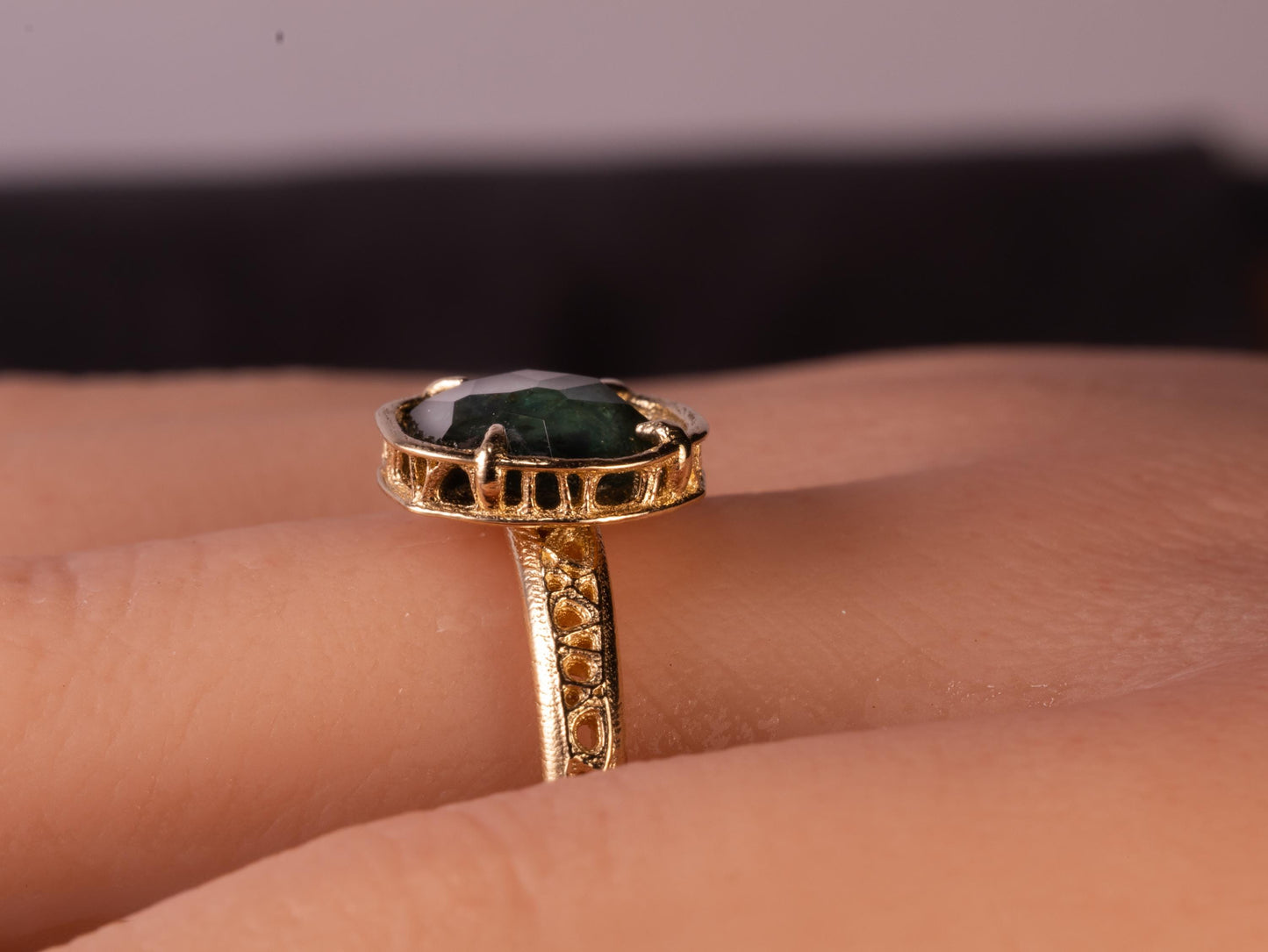 Deep Green Montana Sapphire Ring in 14k Yellow Gold, Hand-Finished Lattice, One of a Kind