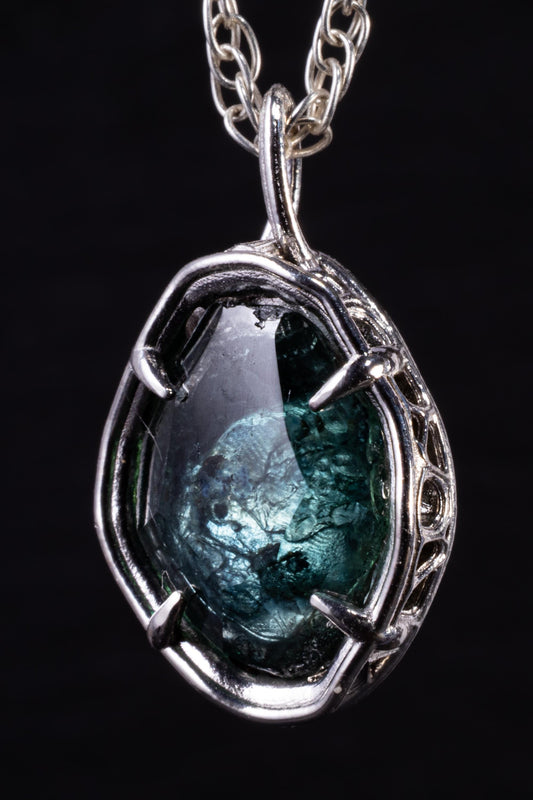 Green Blue Montana Sapphire Pendant, Hand Cut Portal Gemstone, Sterling Silver