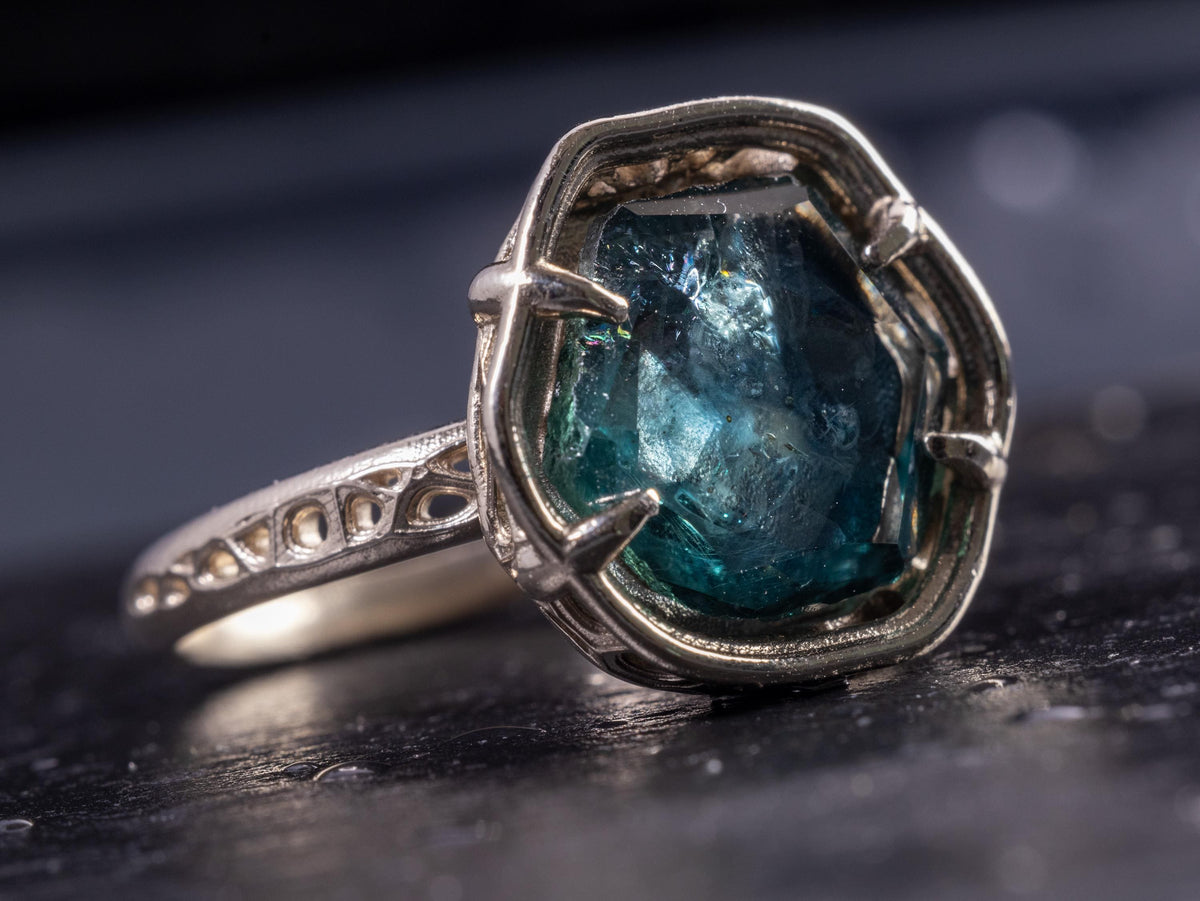 Large Montana Sapphire Ring 5.22ct in 14k White Gold, Blue Green, Handmade Ring