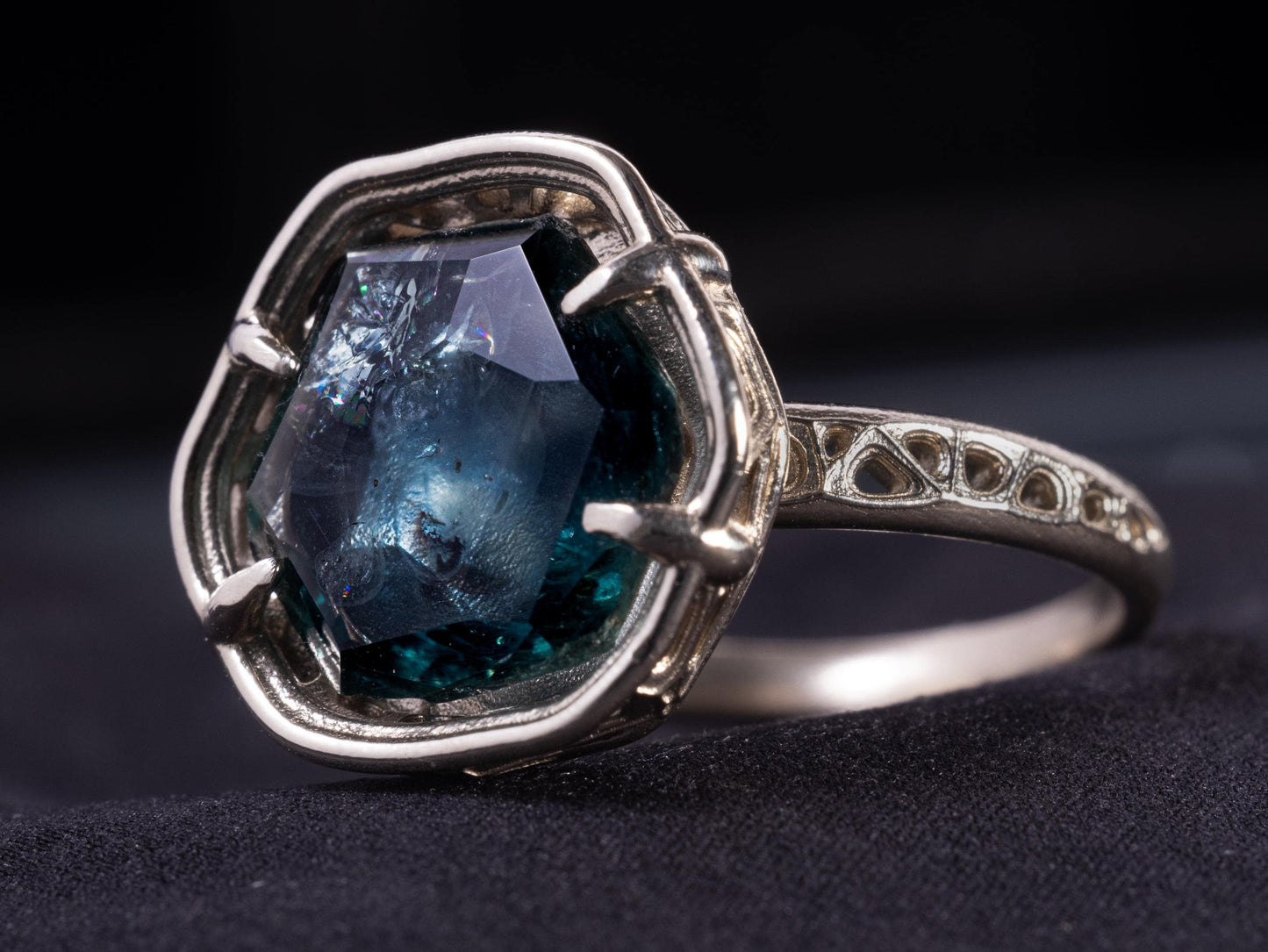 Large Montana Sapphire Ring 5.22ct in 14k White Gold, Blue Green, Handmade Ring
