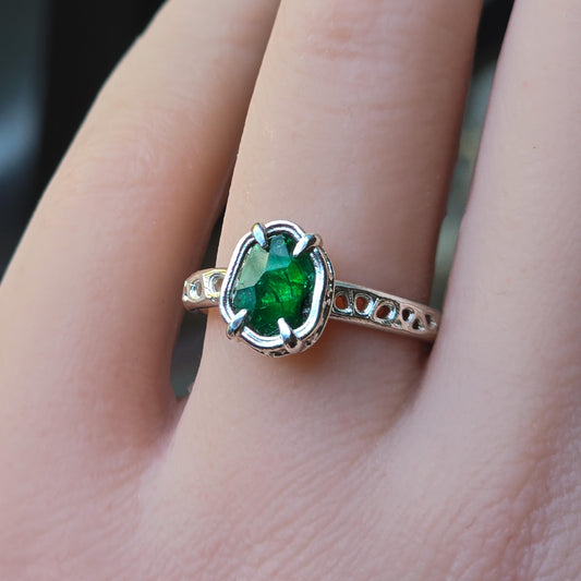Hand-Cut Emerald Ring in Sterling Silver OOAK Artisan Gemstone Ring