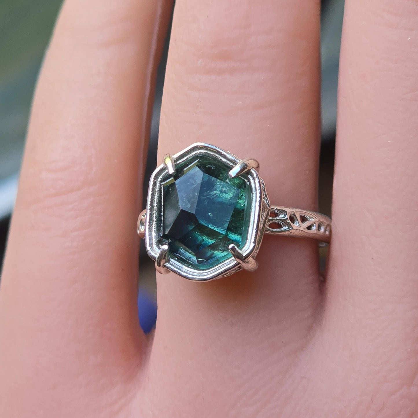 Blue Green Tourmaline Ring in Sterling Silver, Hand Cut One of a Kind Ring