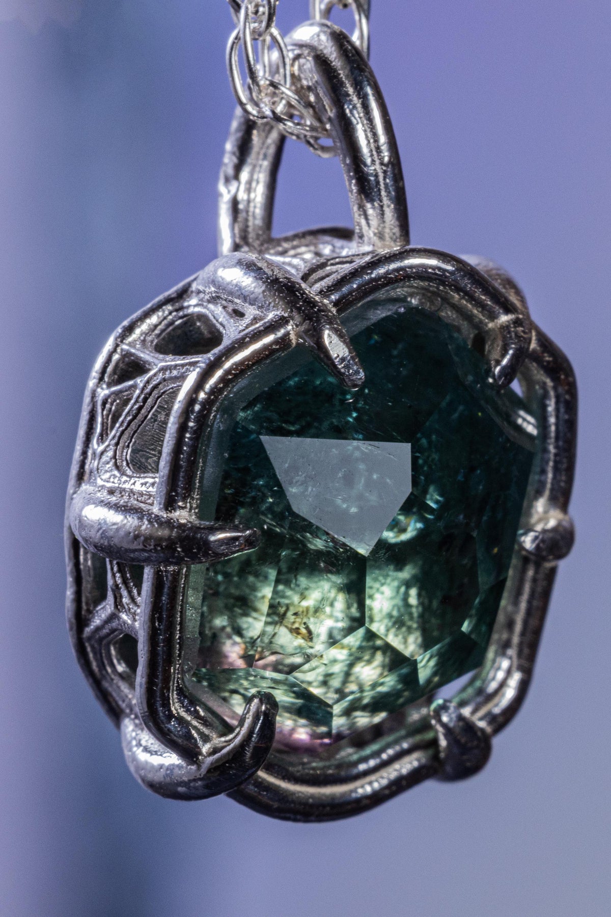 Blue Green Tourmaline Pendant, Hand Cut Stone in Sterling Silver