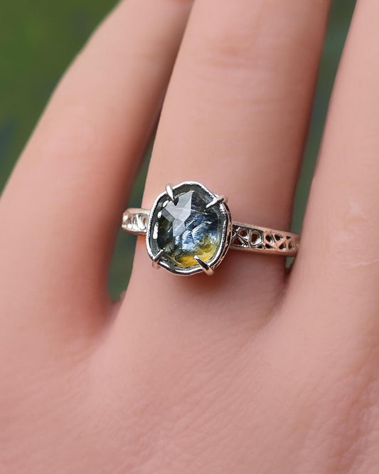 Montana Sapphire Ring Sterling Silver, Unheated Parti Blue Yellow Sapphire, Size 7.25, Handmade Rustic Ring