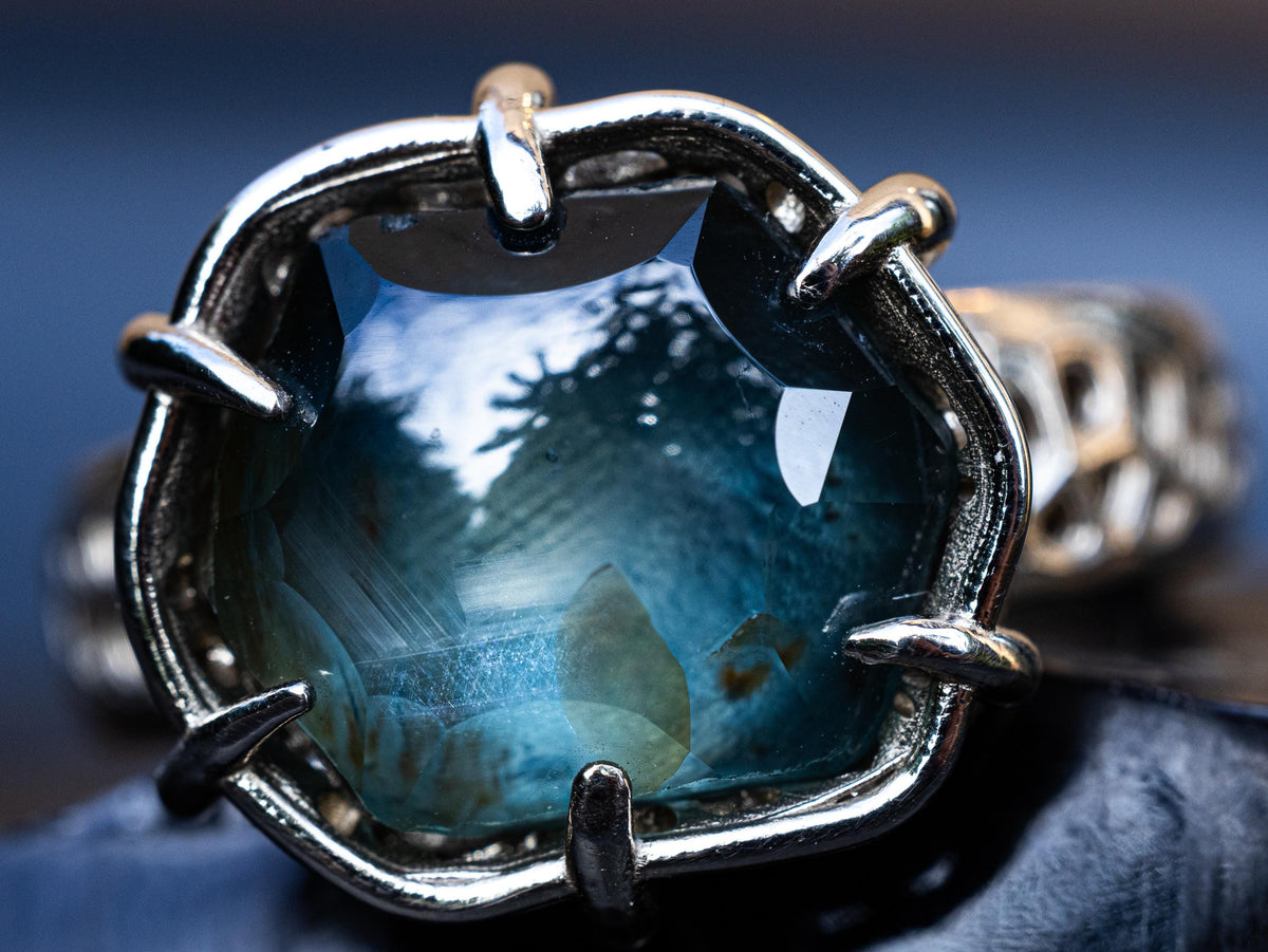 Montana Sapphire Ring 10.77ct Unheated Teal Blue 14k White Gold Hand Cut Statement Piece
