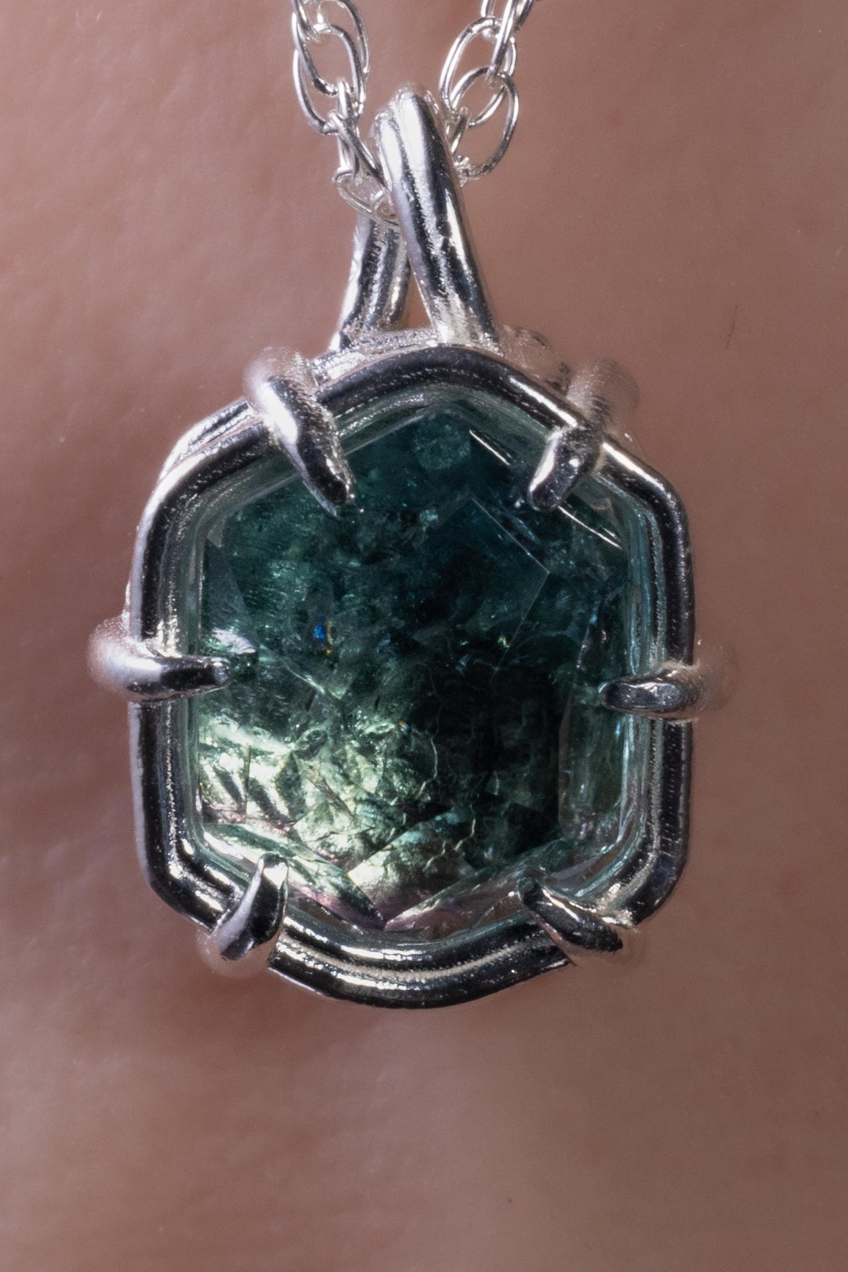 Blue Green Tourmaline Pendant, Hand Cut Stone in Sterling Silver
