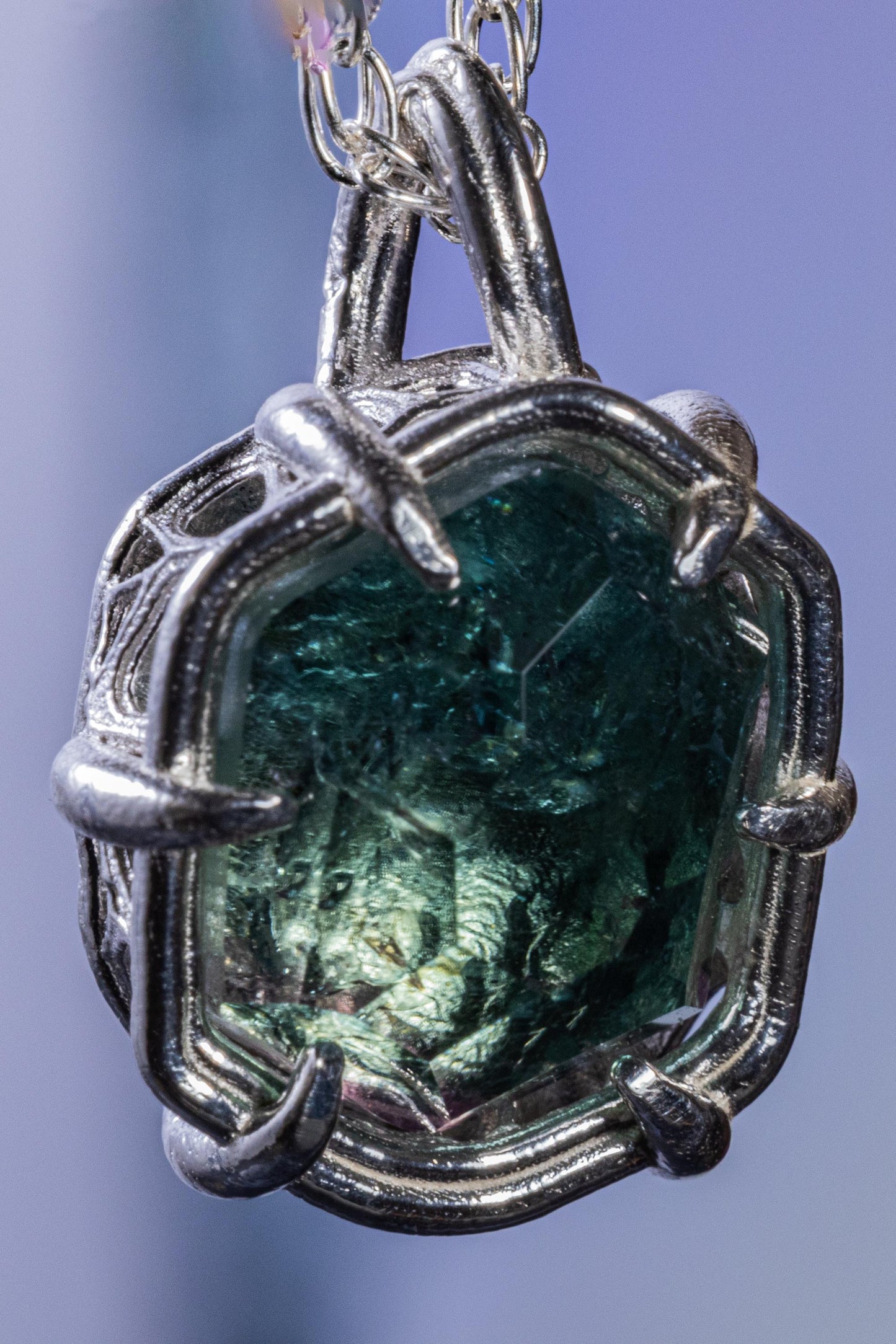 Blue Green Tourmaline Pendant, Hand Cut Stone in Sterling Silver