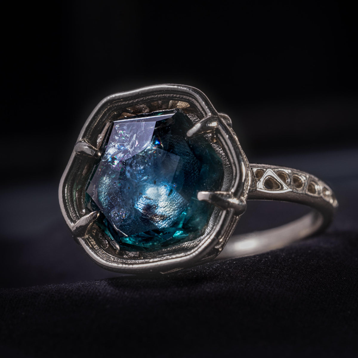 Large Montana Sapphire Ring 5.22ct in 14k White Gold, Blue Green, Handmade Ring