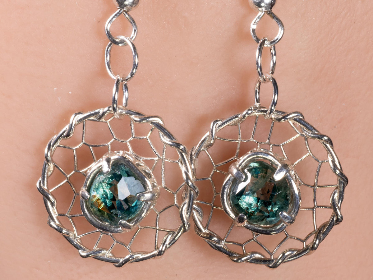 Hand Cut Montana Sapphire Earrings – Sterling Silver Organic Lattice Drops, item 1024 silver, Sapphire