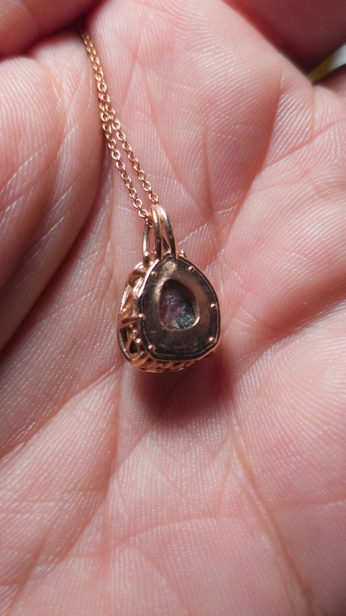 Hand Cut Watermelon Tourmaline Pendant in 10K Rose Gold | One of a Kind Portal Cut Gemstone Necklace