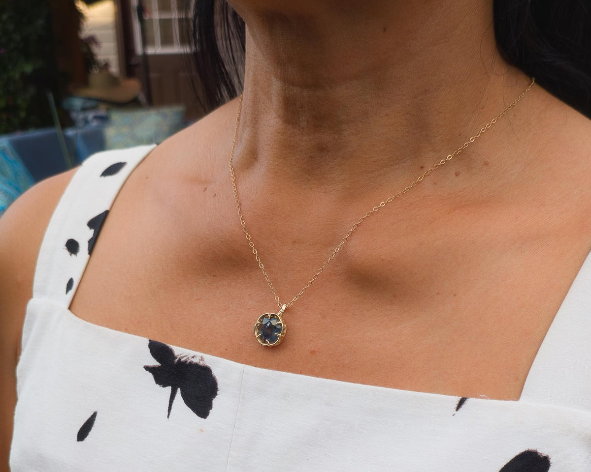 large 5 carat Hand Cut Montana Sapphire Pendant in 14k Yellow Gold