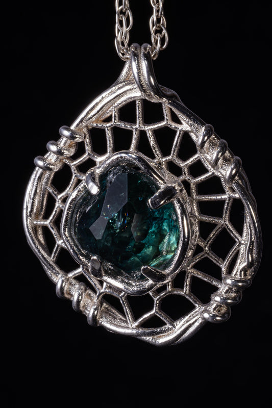 Hand Cut Montana Sapphire Sterling Silver Pendant - Dreamcatcher Necklace item 1007 Sterling silver, Blue Sapphire, Montana Sapphire
