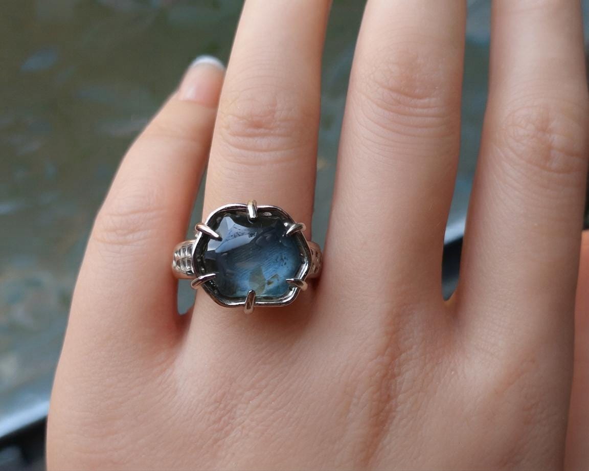 Montana Sapphire Ring 10.77ct Unheated Teal Blue 14k White Gold Hand Cut Statement Piece
