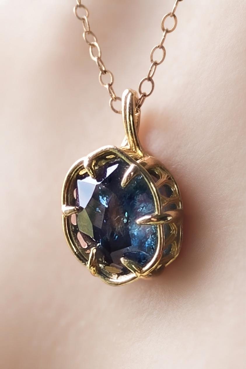 large 5 carat Hand Cut Montana Sapphire Pendant in 14k Yellow Gold