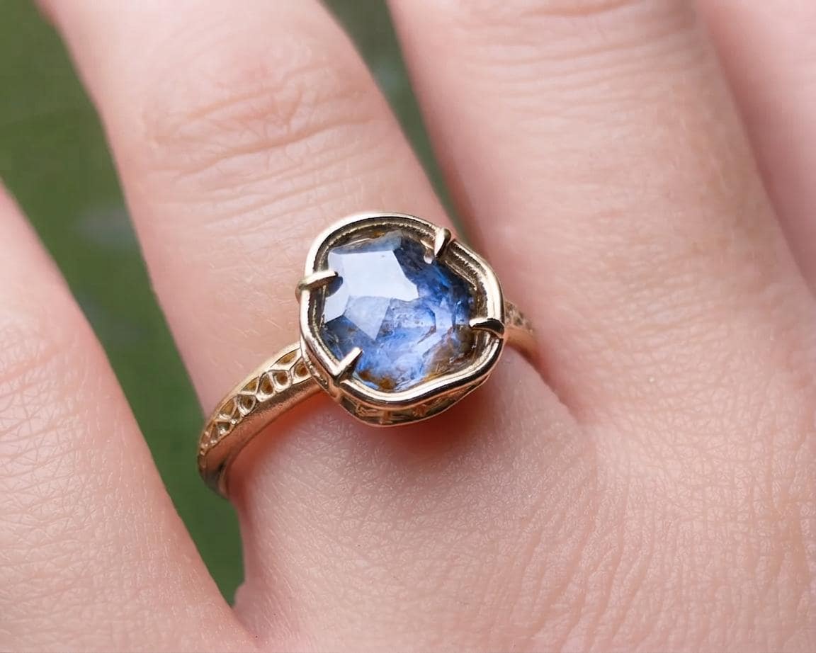 Hand Cut Montana Sapphire Ring in 14K Gold | One of a Kind Cornflower Blue Sapphire