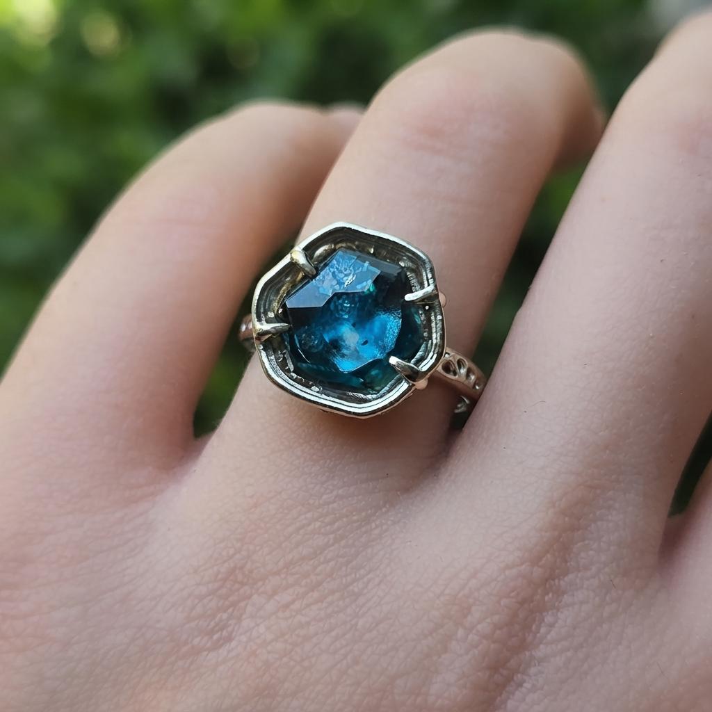 Large Montana Sapphire Ring 5.22ct in 14k White Gold, Blue Green, Handmade Ring