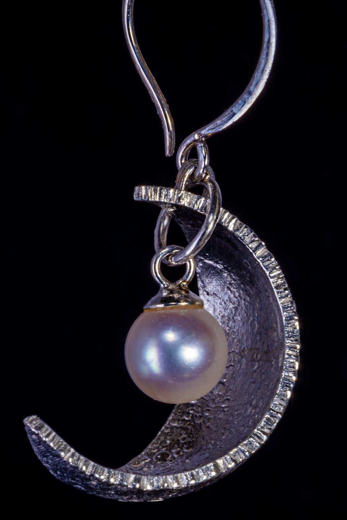 Akoya Pearl Crescent Moon Earrings, Sterling Silver Celestial Earrings