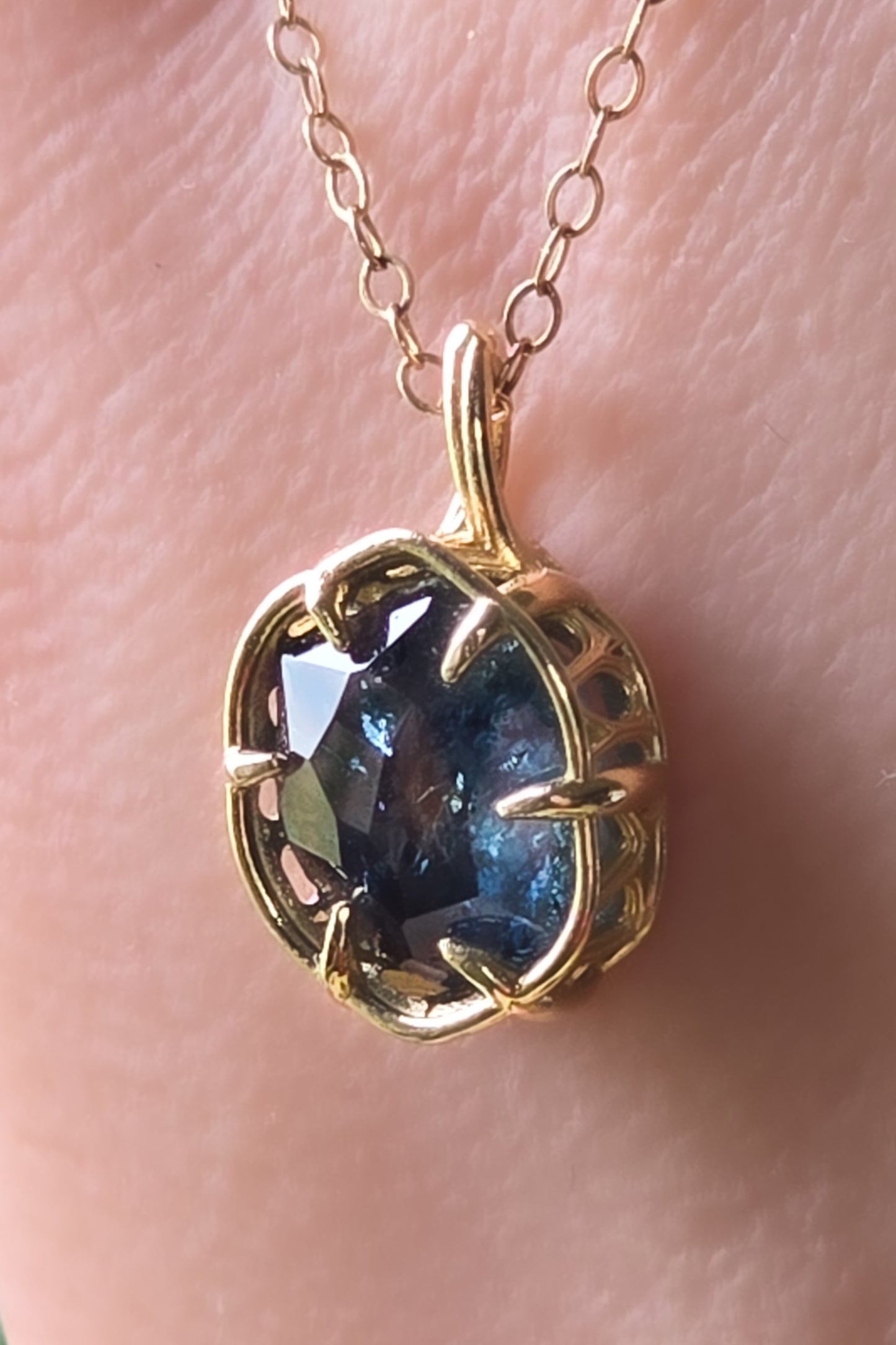 large 5 carat Hand Cut Montana Sapphire Pendant in 14k Yellow Gold