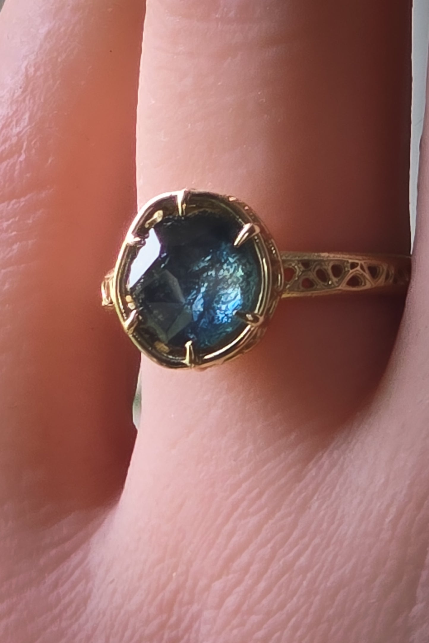 Montana Sapphire Ring in 14k Yellow Gold – Blue Green Sapphire, Organic Prong Setting, One of a Kind
