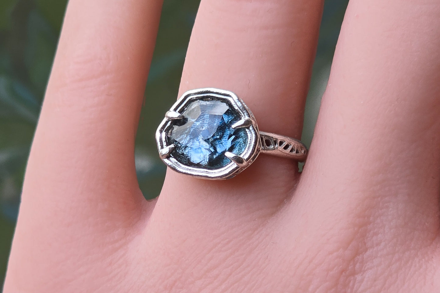 Hand Cut Montana Sapphire Ring – Blue Teal Sapphire – Sterling Silver – One of a Kind – Size 5.75
