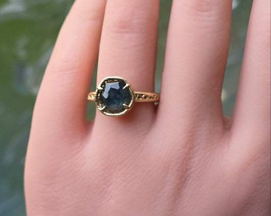 Deep Green Montana Sapphire Ring in 14k Yellow Gold, Hand-Finished Lattice, One of a Kind 1067