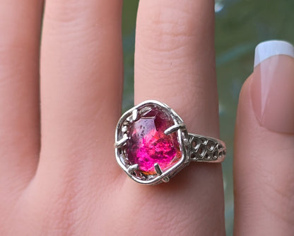 Portal Cut Pink Tourmaline Ring – Hand Cut Gemstone – Sterling Silver – One of a Kind – Size 8.5
