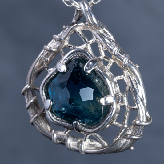 Hand Cut Montana Sapphire Sterling Silver Pendant - Dreamcatcher Necklace
