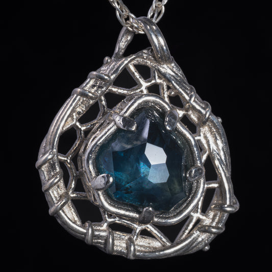Hand Cut Montana Sapphire Sterling Silver Pendant - Dreamcatcher Necklace