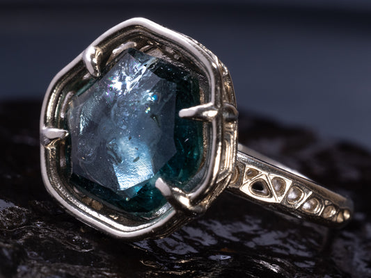 Large Montana Sapphire Ring 5.22ct in 14k White Gold, Blue Green, Handmade Ring