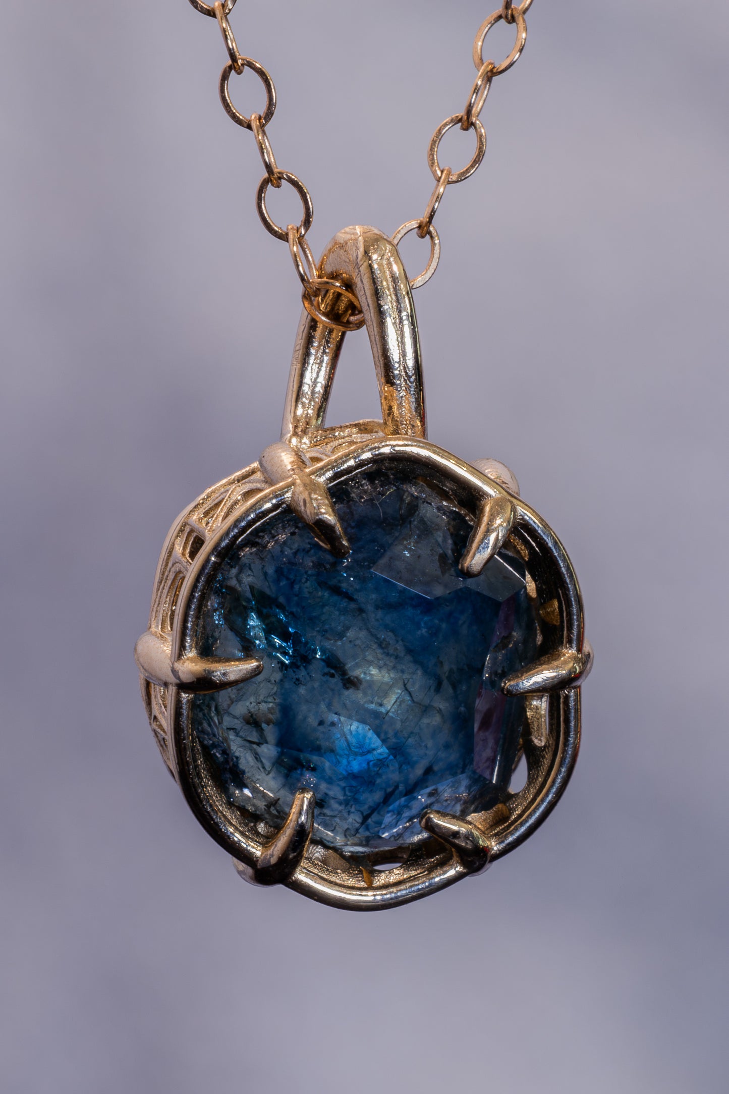 large 5 carat Hand Cut Montana Sapphire Pendant in 14k Yellow Gold