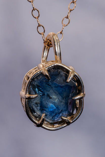 large 5 carat Hand Cut Montana Sapphire Pendant in 14k Yellow Gold
