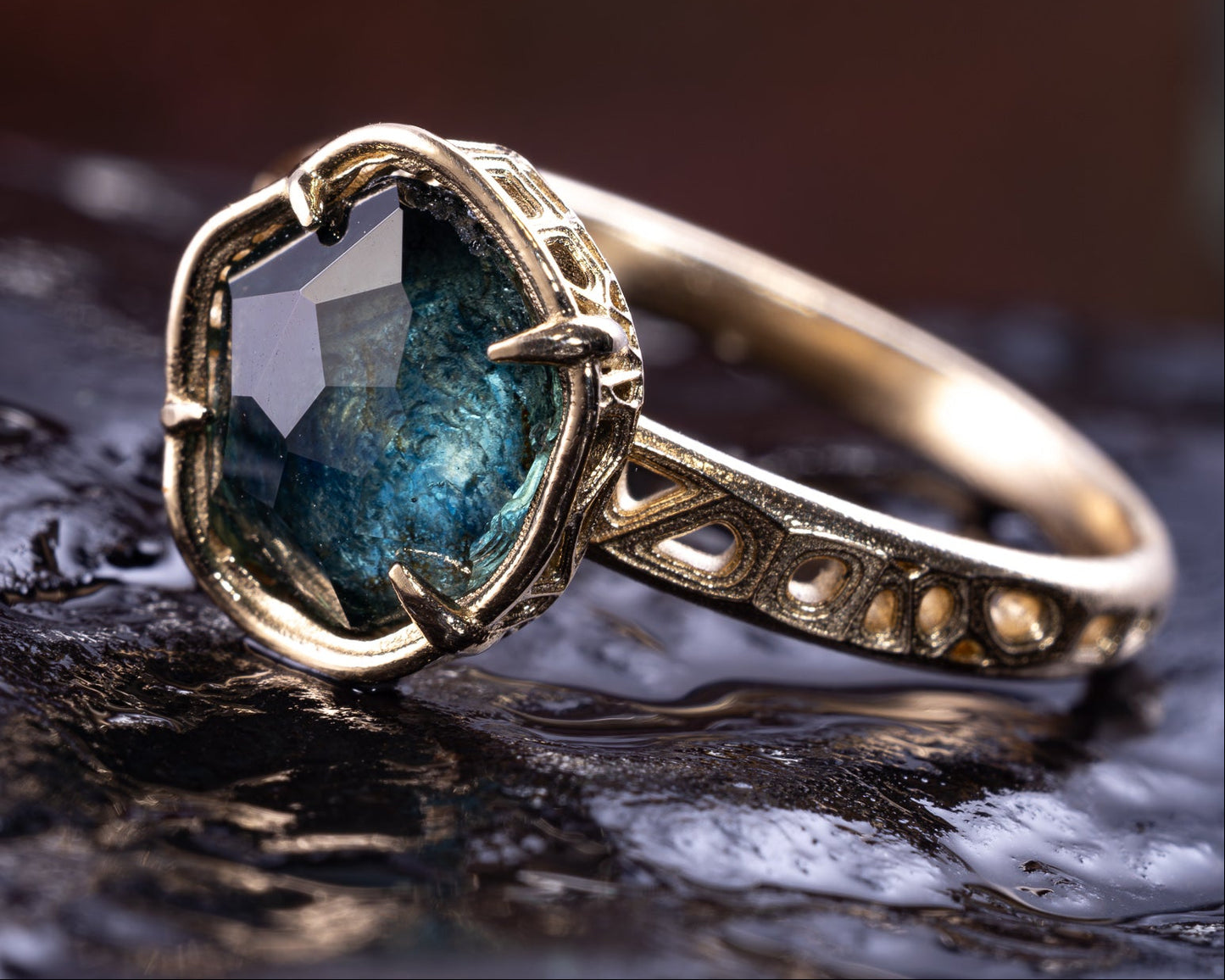 Blue Green Montana Sapphire Ring in 14k Yellow Gold, Hand-Finished Lattice, One of a Kind