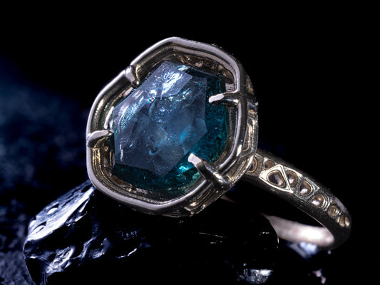 Large Montana Sapphire Ring 5.22ct in 14k White Gold, Blue Green, Handmade Ring