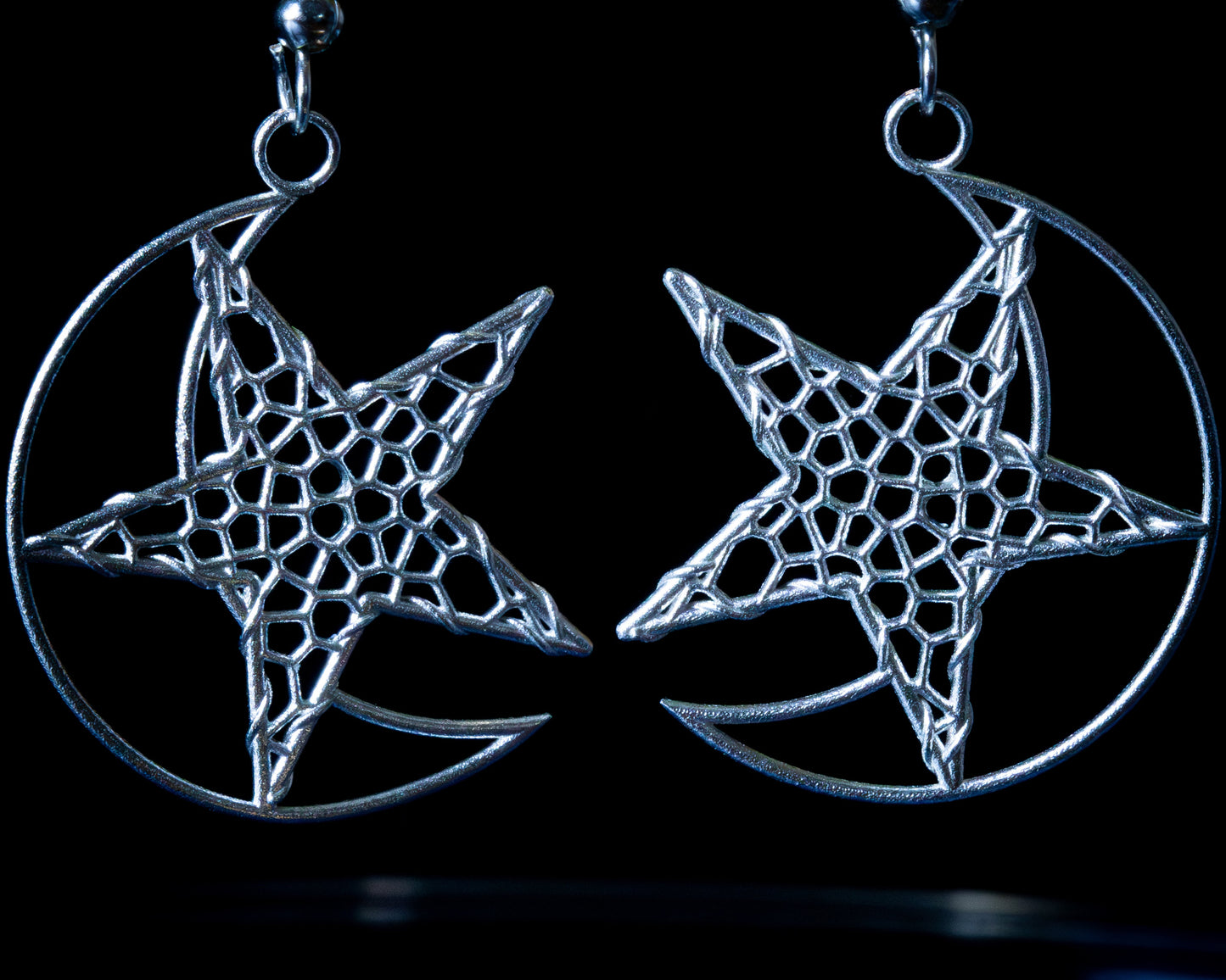 Sterling Silver Star and Crescent Moon Earrings – Open Lattice Design