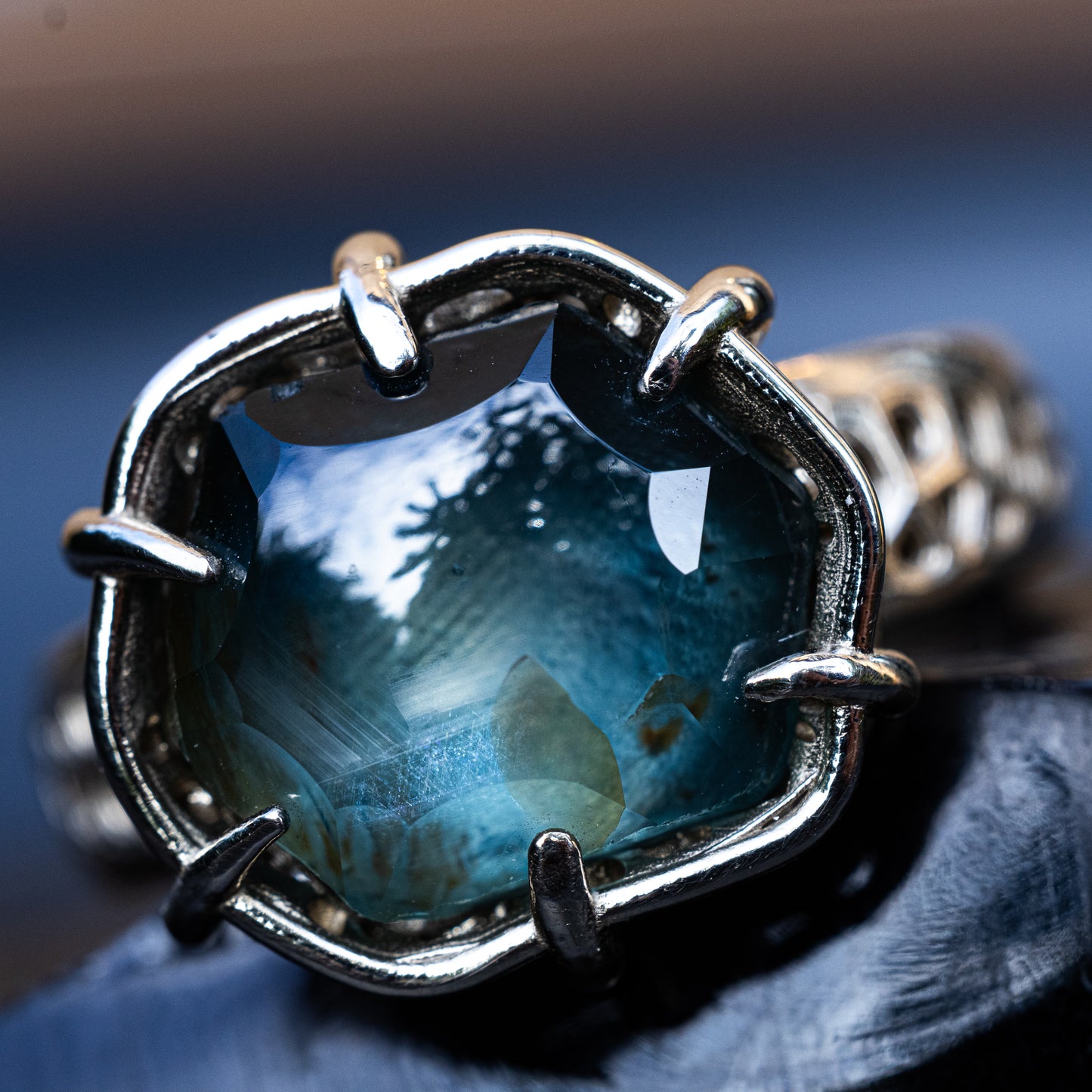 Unheated Montana Sapphire Ring — 10.77 Carat Hand Cut in 14k White Gold